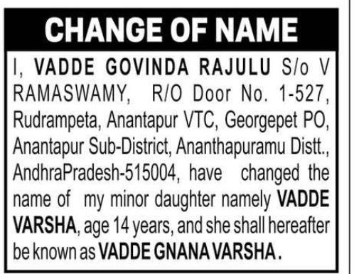 CHANGE OF NAME VADDE VARSHA TO VADDE GNANA VARSHA