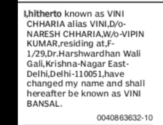 CHANGE OF NAME VINI CHHARIA TO VINI BANSAL