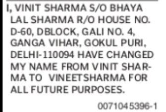 Change of Name Vinit Sharma to Vineet Sharma