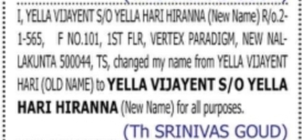 Change of Name — Yella Vdayent Hari to Yella Vijayent S/o Yella Hari H