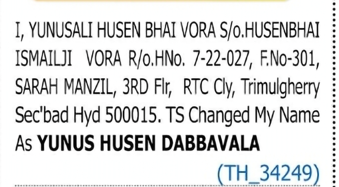Change of Name – Yunusali Husen Bhai Vora