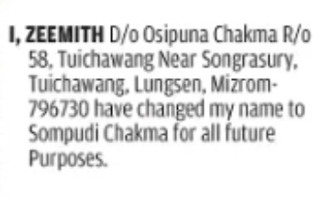 CHANGE OF NAME: ZEEMITH TO SOMPUDI CHAKMA