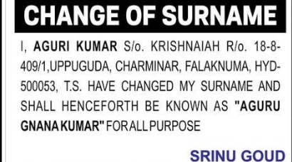 CHANGE OF SURNAME – AGURI KUMAR TO AGURU GNANA KUMAR