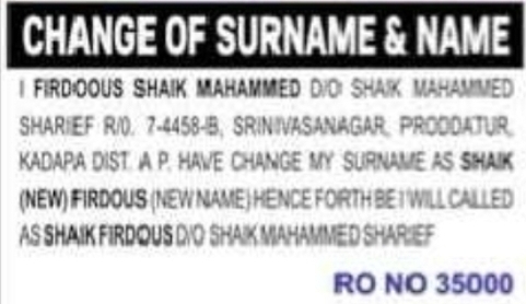 Change of Surname & Name – Shaik Firdoos