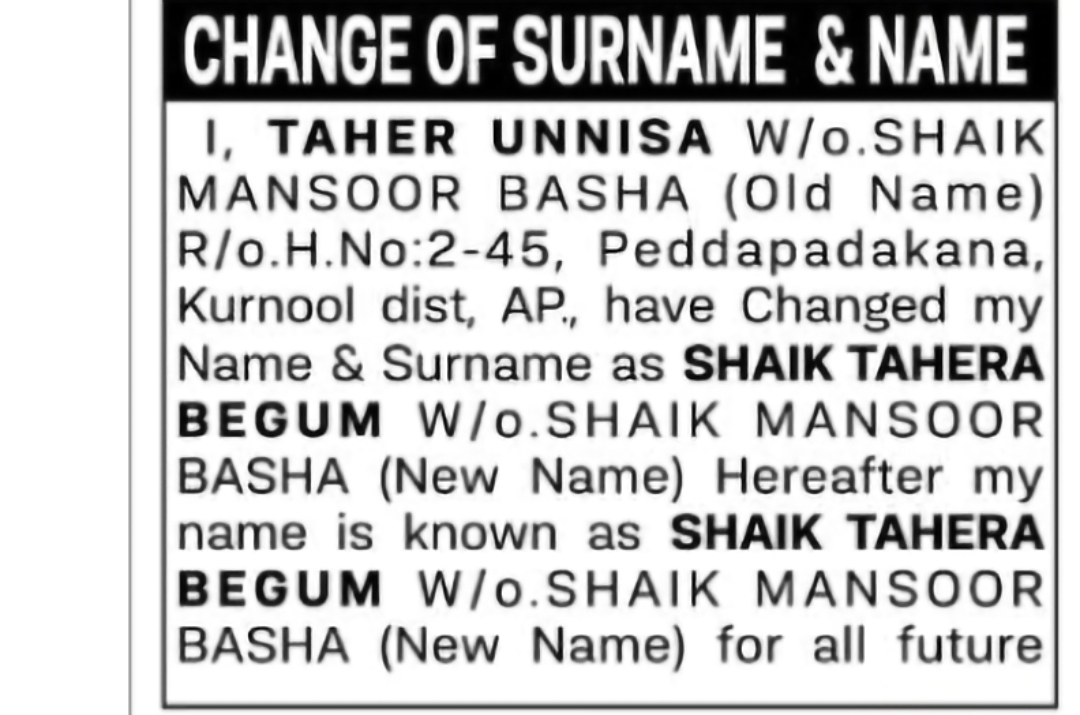 Change of Surname & Name – TAHER UNNISA to SHAIK TAHERA BEGUM