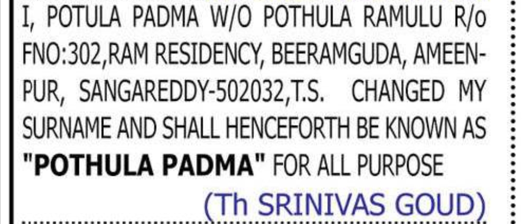 Change of Surname — Potula Padma to Pothula Padma