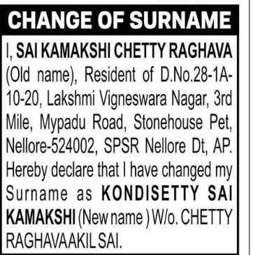 CHANGE OF SURNAME SAI KAMAKSHI CHETTY RAGHAVA TO KONDISETTY SAI KAMAKSHI