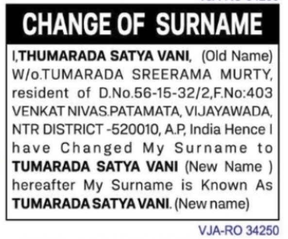 CHANGE OF SURNAME – TUMARADA SATYA VANI
