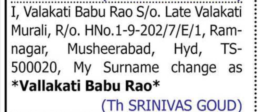 Change of Surname — Valakati Babu Rao