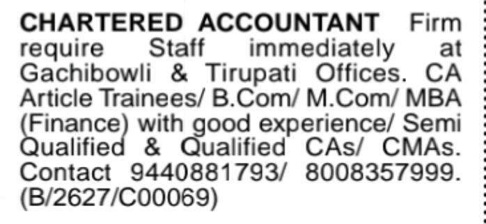 CHARTERED ACCOUNTANT FIRM Hiring for Gachibowli & Tirupati Offices