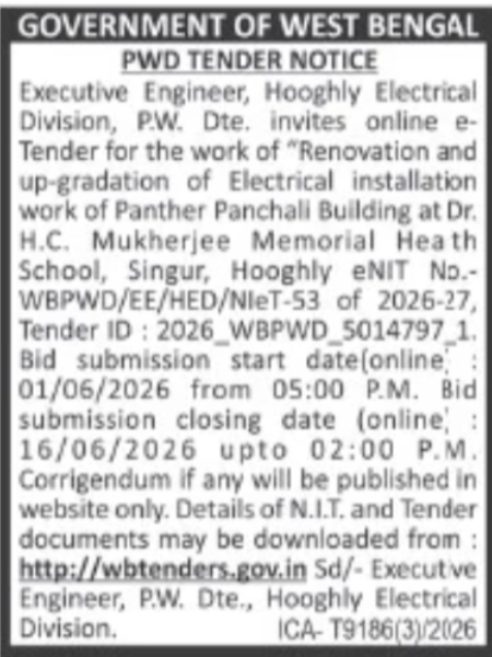 Civil Work Tender – Asansol Irrigation Division