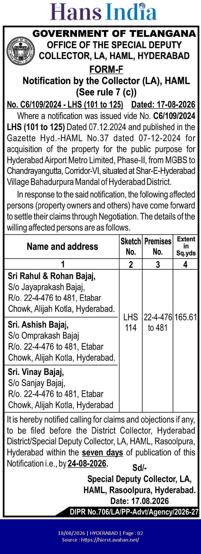 Claims & Objections Invited for Hyderabad Airport Metro Land Acquisition