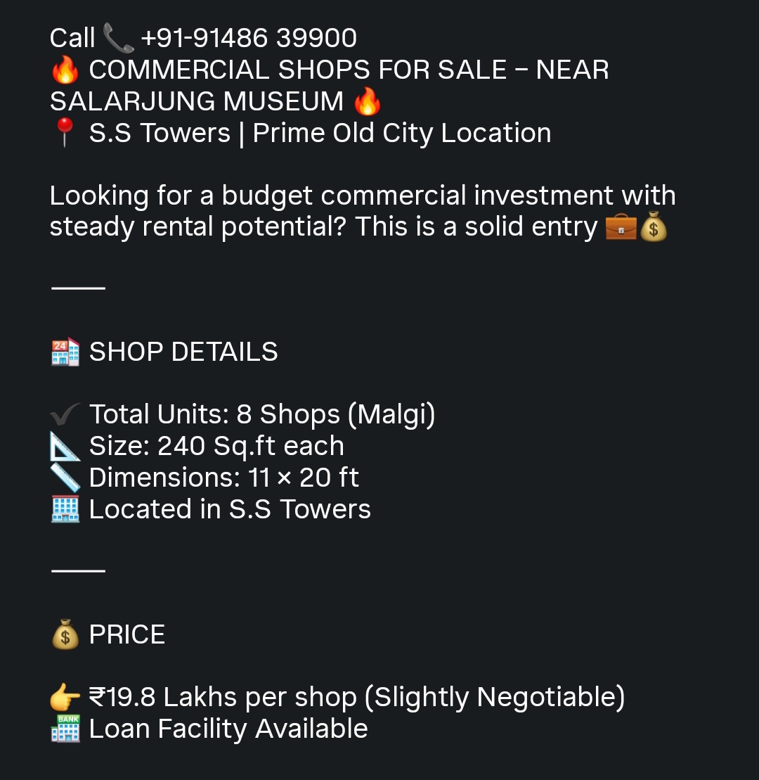 🏬 Commercial Shops for Sale – Near Salar Jung Museum
