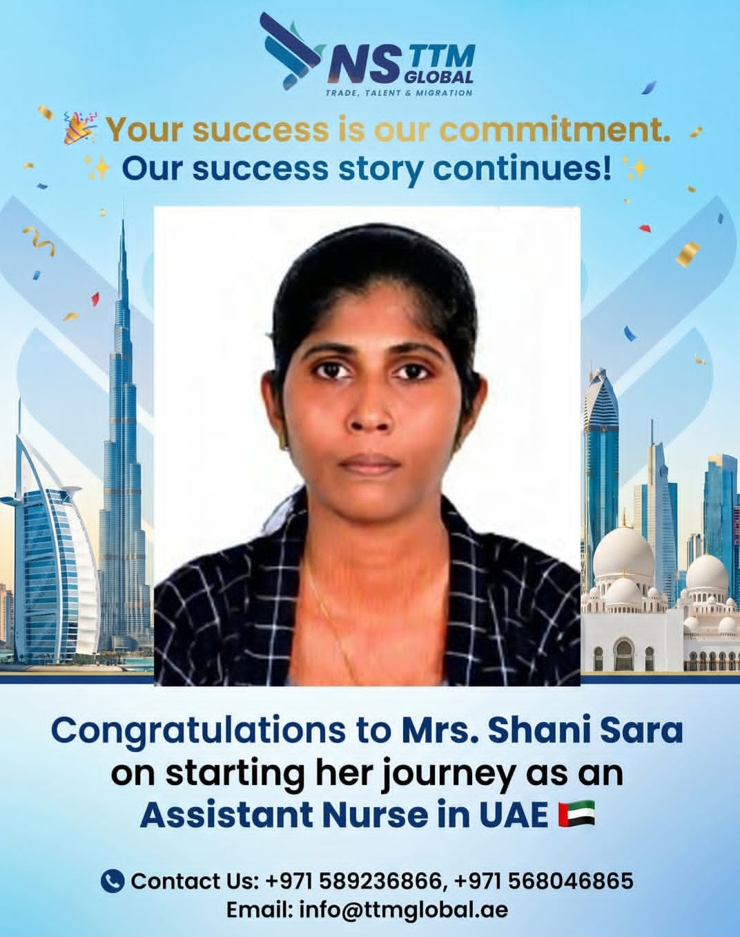 Congratulations Mrs. Shani Sara – Assistant Nurse in UAE
