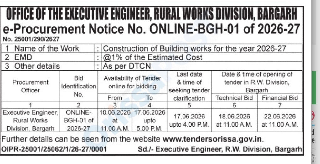 Construction of Building Works – Tender Notice 2026-27
