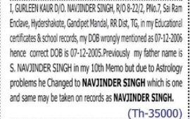 Correction of Father’s Name and Date of Birth — Gurleen Kaur