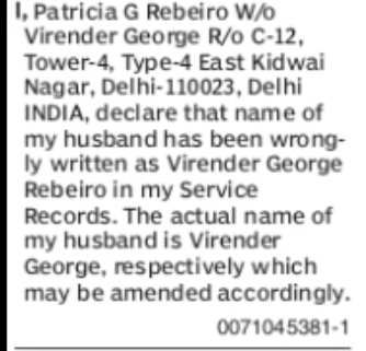 Correction of Husband’s Name in Service Records Patricia G Rebeiro