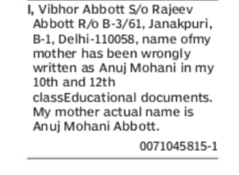 CORRECTION OF MOTHER'S NAME IN EDUCATIONAL DOCUMENTS Vibhor Abbott