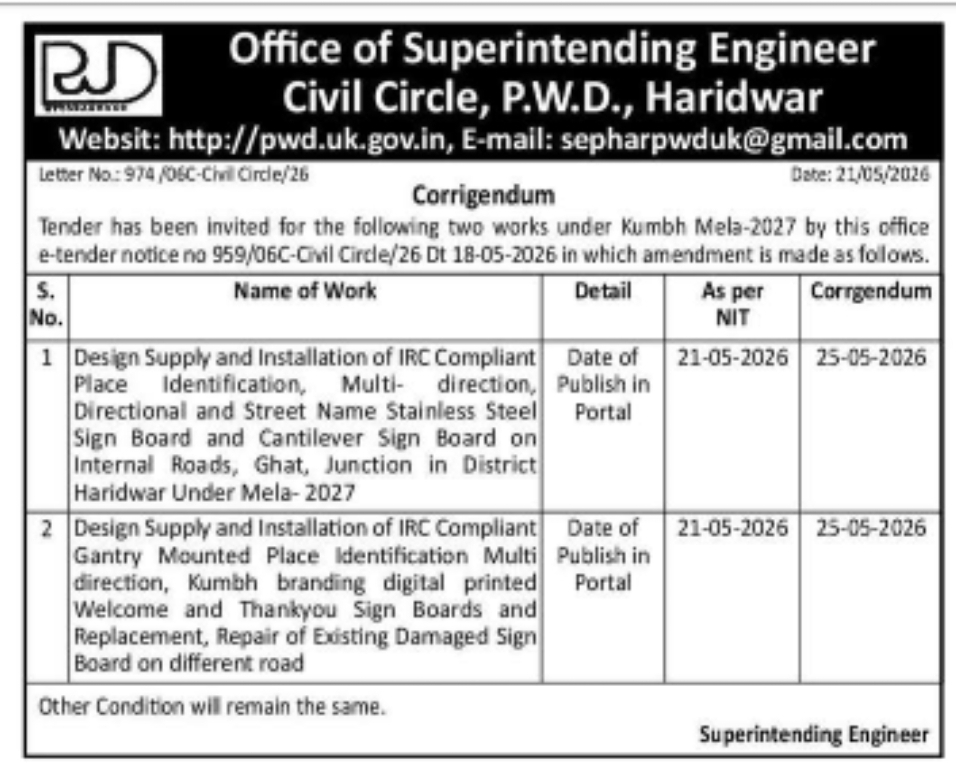 CORRIGENDUM NOTICE FOR KUMBH MELA-2027 TENDER WORKS – P.W.D. CIVIL CIRCLE HARIDWAR