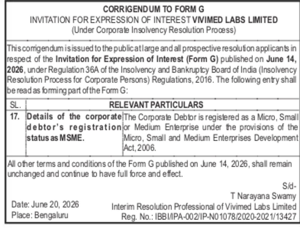 Corrigendum to Form G – EOI Invitation for Vivimed Labs Limited (CIRP – MSME Status Update)