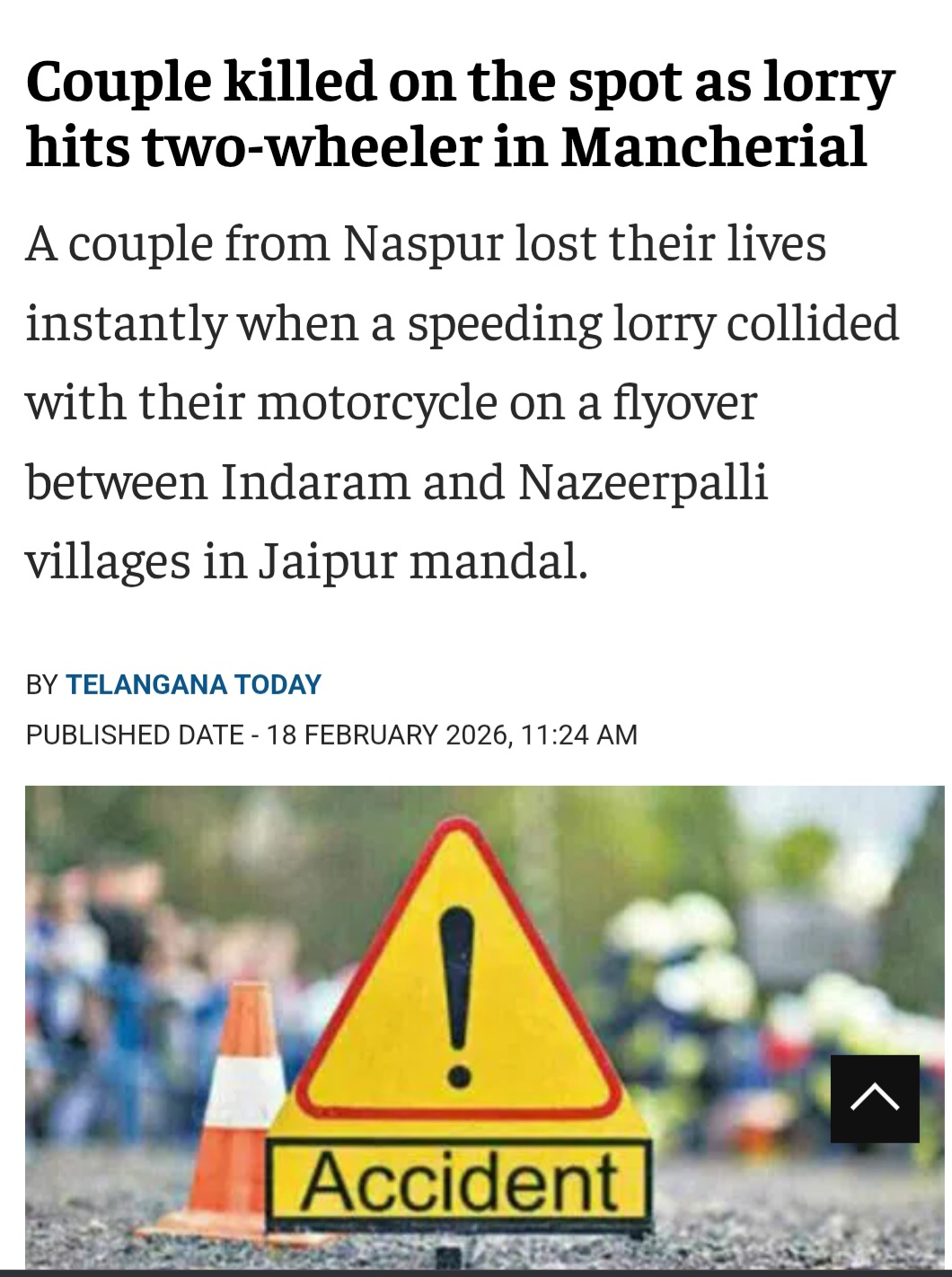 Couple killed on the spot as lorry hits two-wheeler in Mancherial