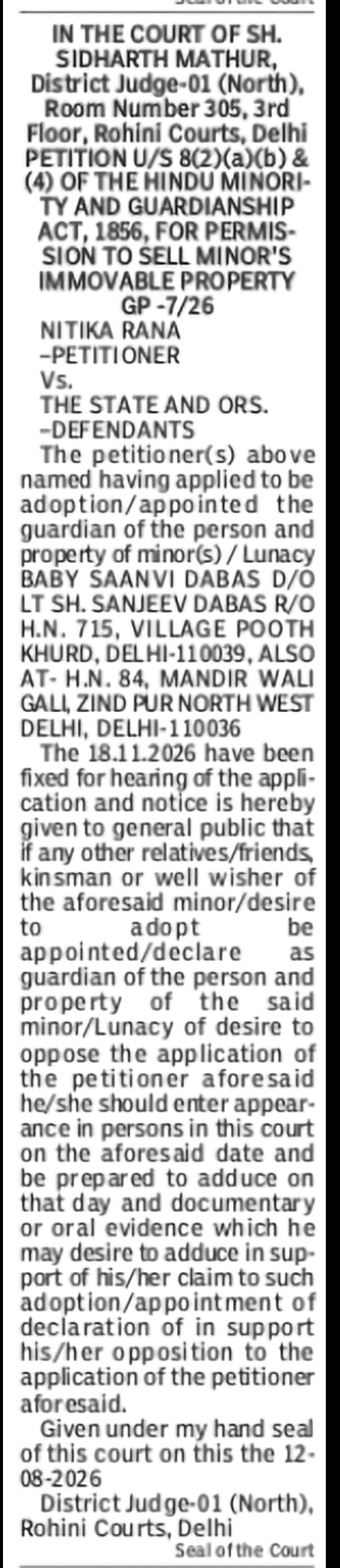 Court Notice – Petition for Permission to Sell Minor’s Immovable Property