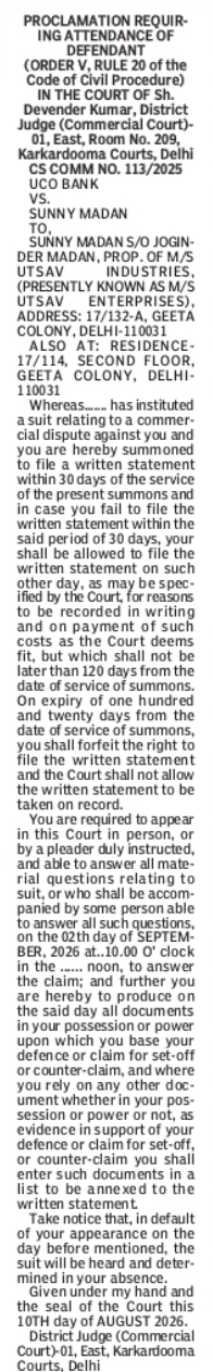 Court Proclamation – UCO Bank vs. Sunny Madan