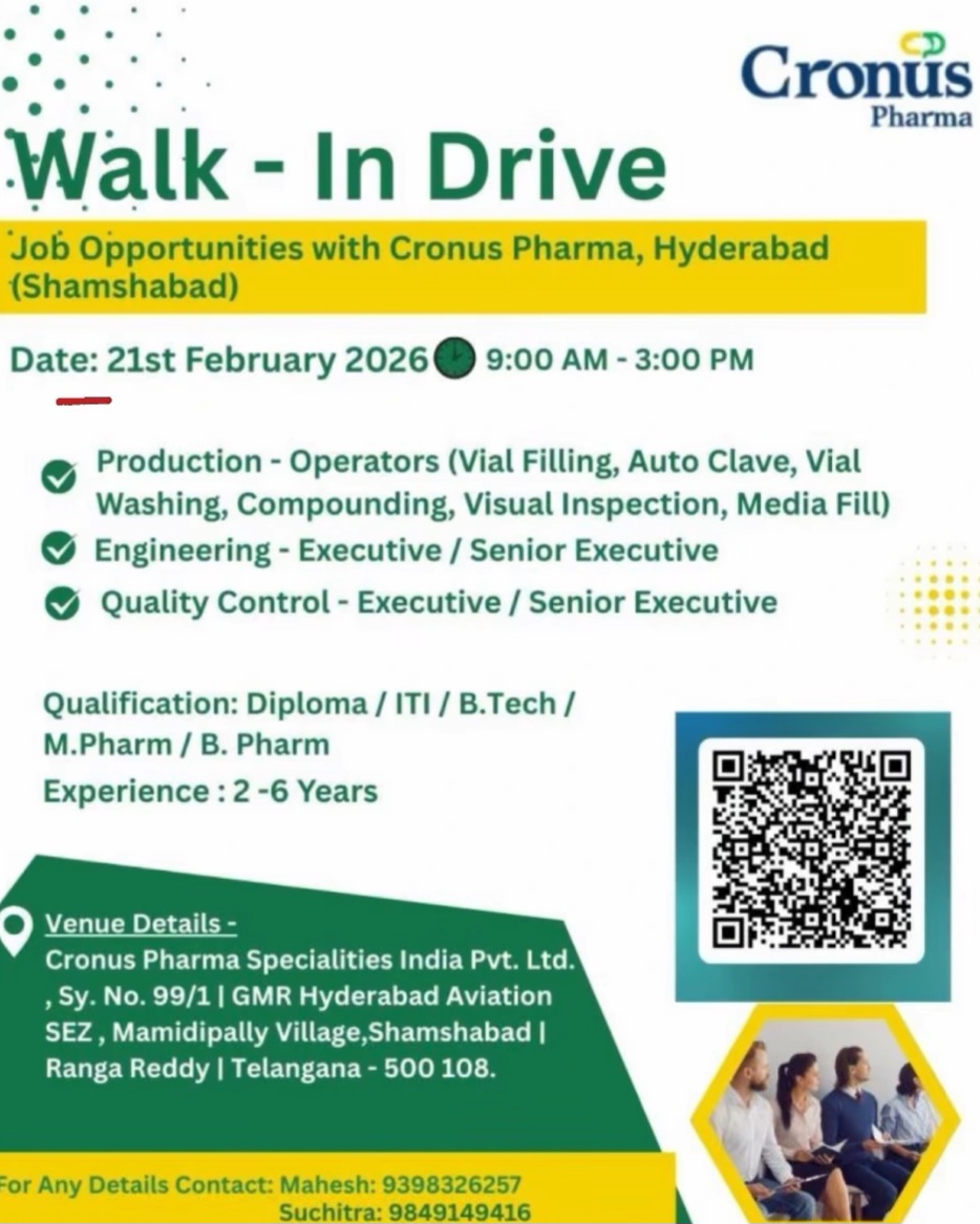 💊 Cronus Pharma – Walk-In Drive | Hyderabad (Shamshabad)