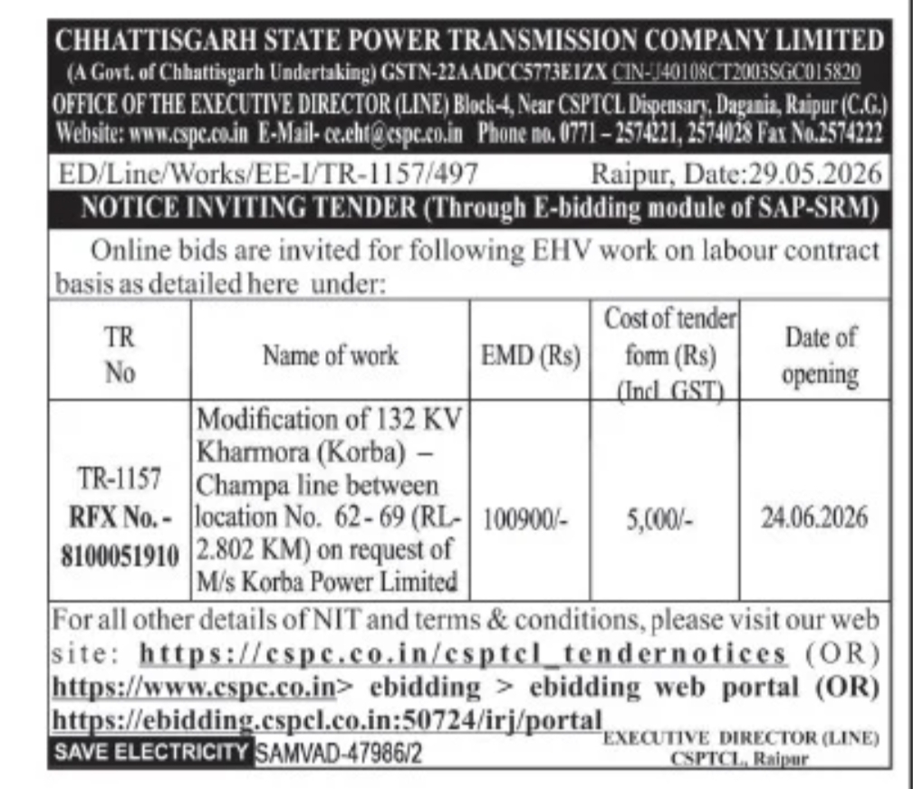 CSPTCL Invites E-Tender for Modification of 132 KV Kharmora–Champa Transmission Line in Chhattisgarh
