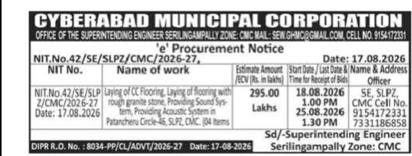 CYBERABAD MUNICIPAL CORPORATION – E-PROCUREMENT NOTICE
