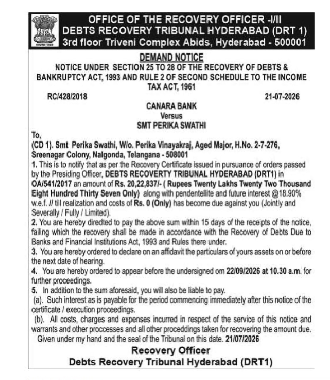 DEBTS RECOVERY TRIBUNAL HYDERABAD – DEMAND NOTICE