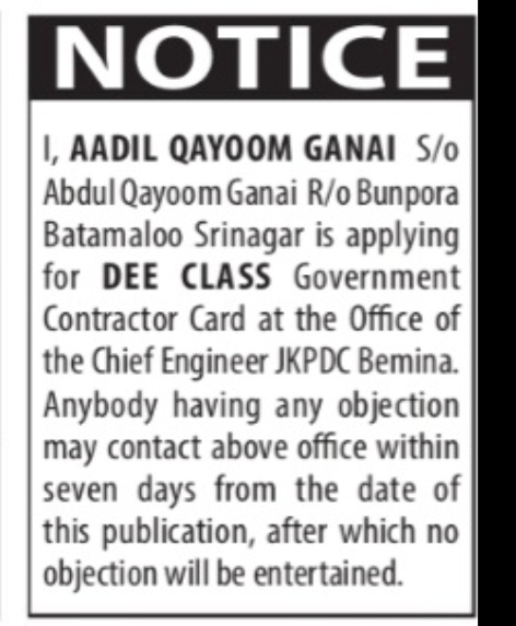 DEE Class Government Contractor Card – Aadil Qayoom Ganai
