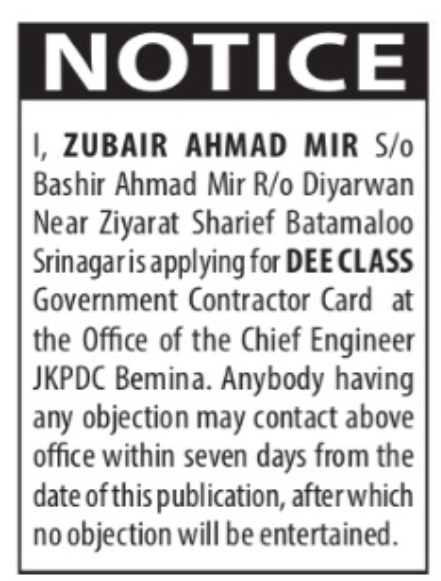 DEE Class Government Contractor Card – Zubair Ahmad Mir