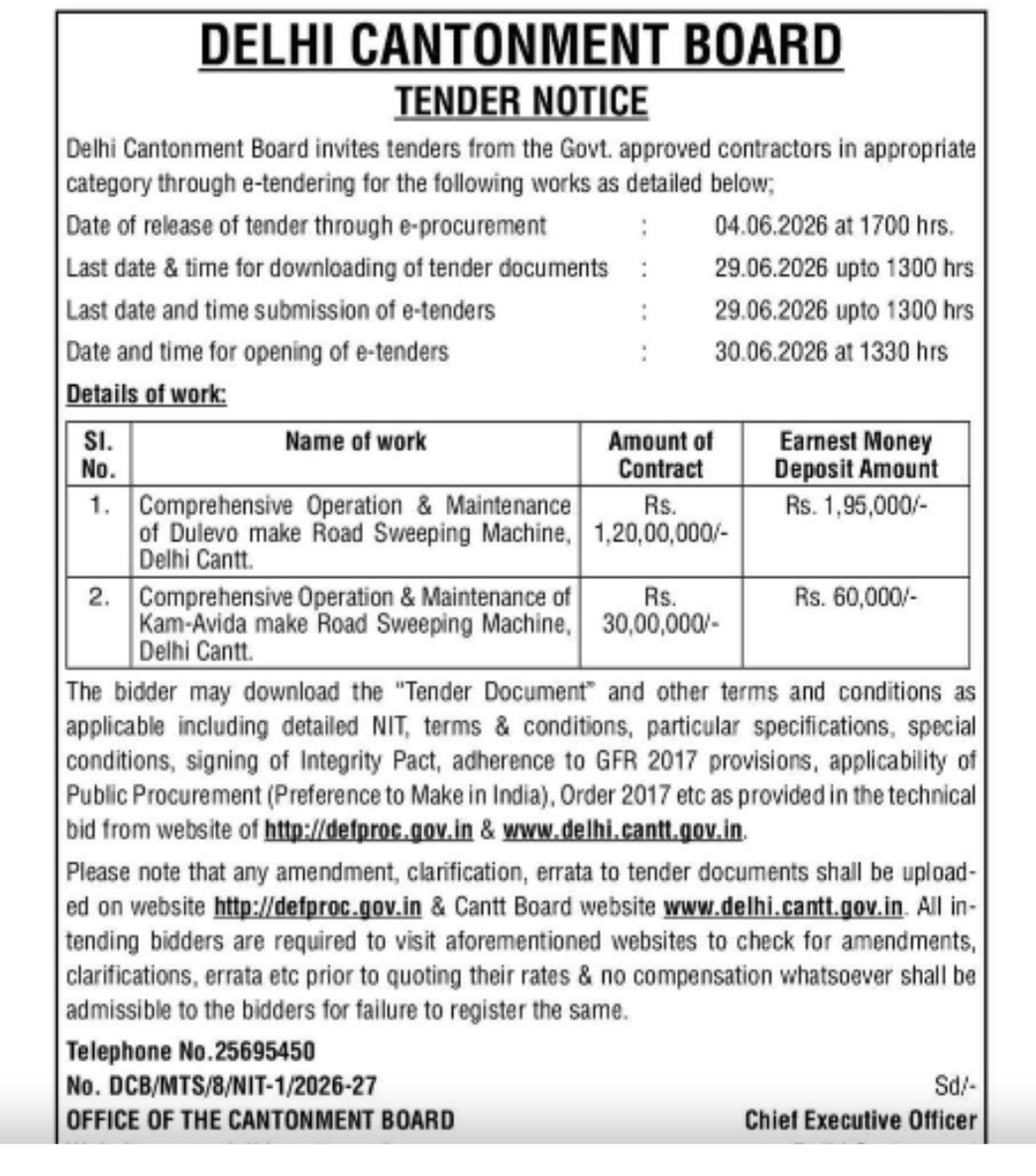 DELHI CANTONMENT BOARD TENDER NOTICE