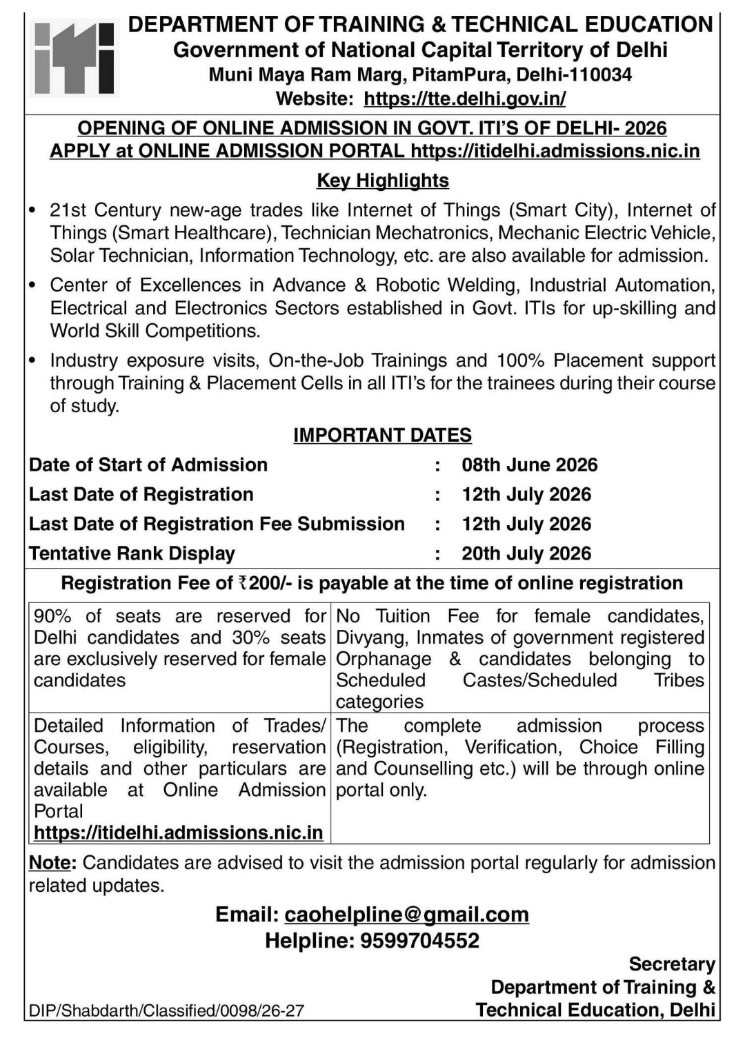 Delhi Government ITI Admission 2026: Online Applications Open for Various Technical Trades