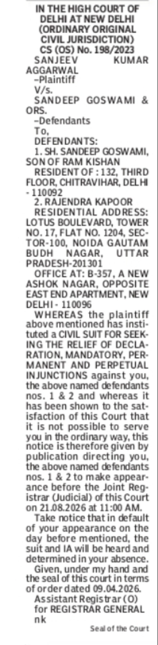 Delhi High Court Notice – Sanjeev Kumar Aggarwal vs. Sandeep Goswami & Ors.