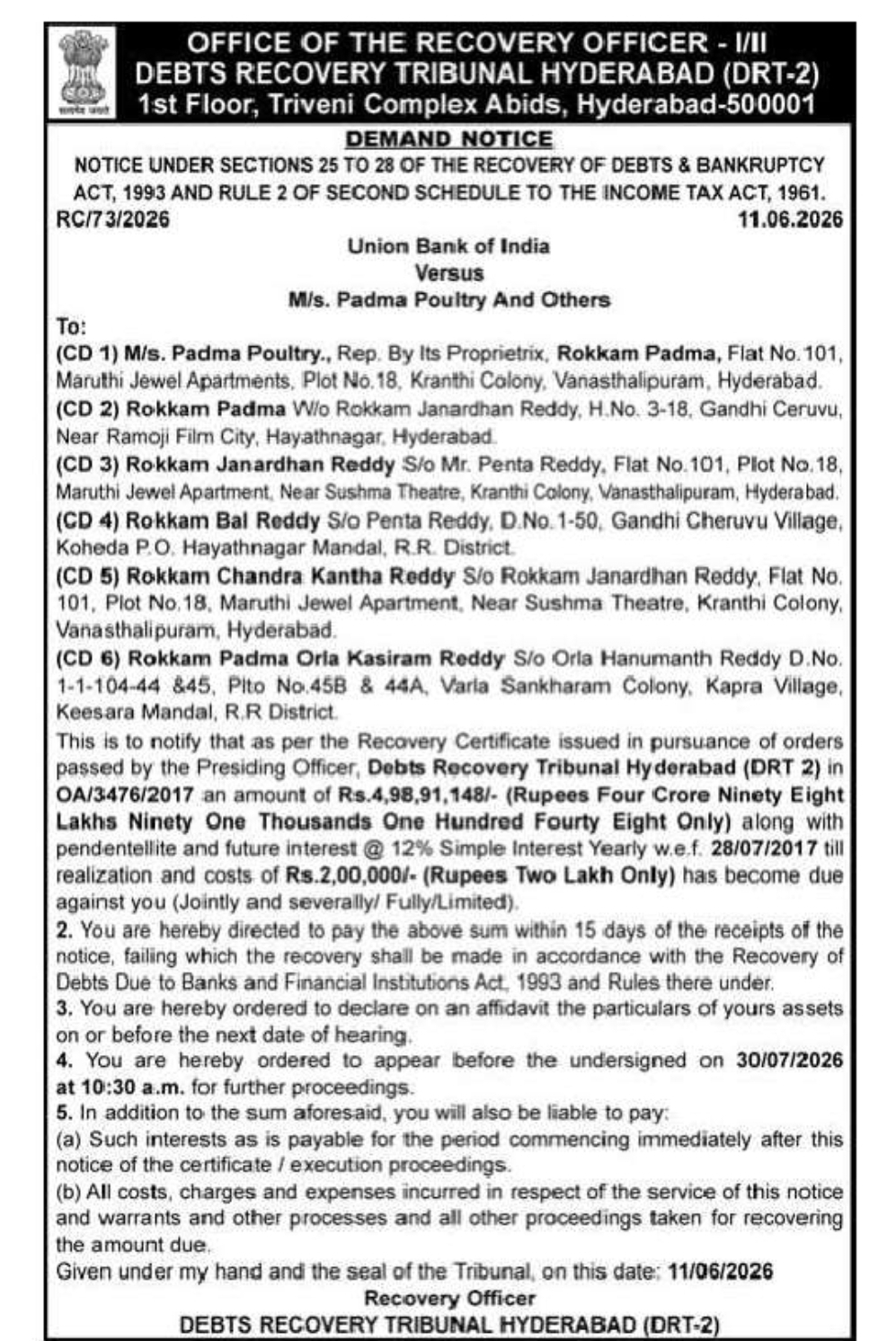 DEMAND NOTICE – DEBTS RECOVERY TRIBUNAL, HYDERABAD (DRT-2)