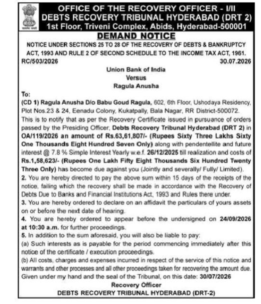 Demand Notice – Union Bank of India vs Ragula Anusha