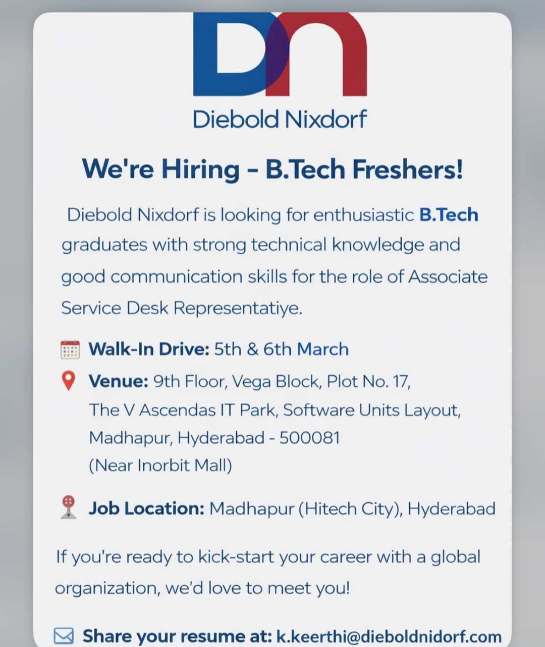 Diebold Nixdorf We're Hiring - B.Tech Freshers!