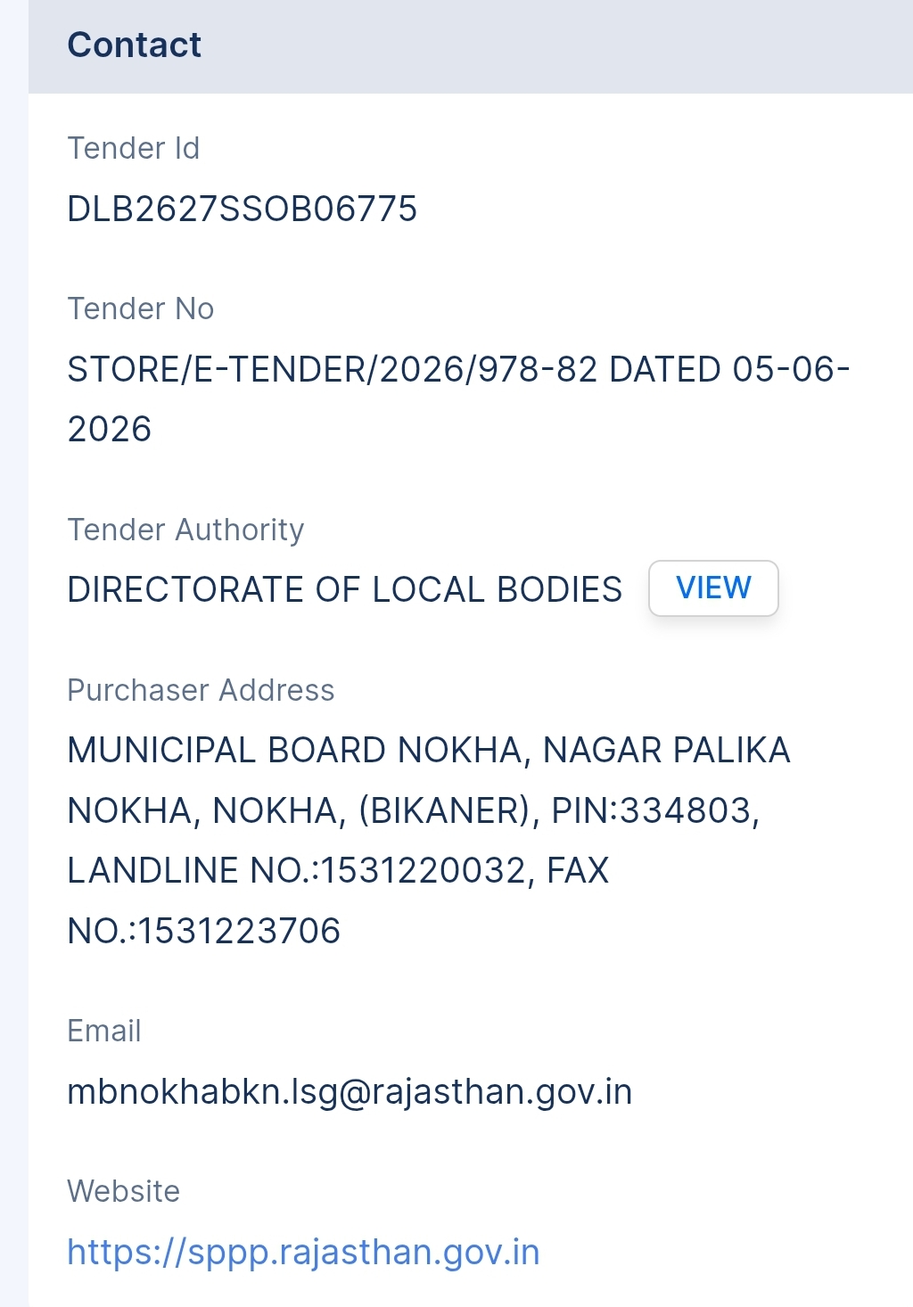 Directorate Of Local Bodies Tender - Rajasthan Tender