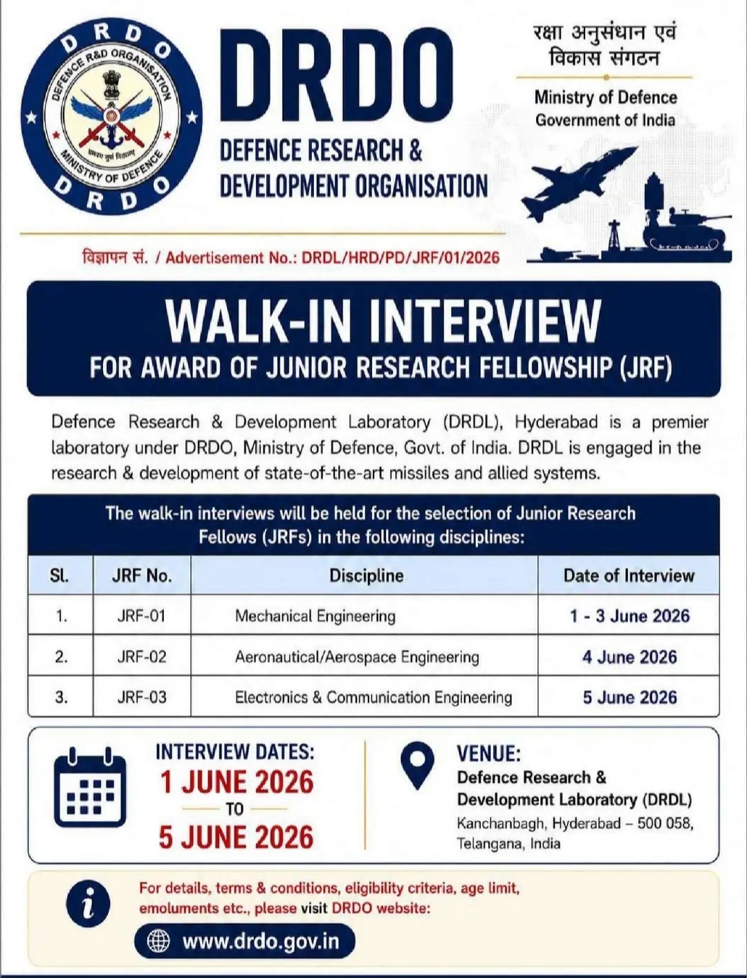 DRDO – Junior Research Fellowship (JRF) Walk-In Interview 2026