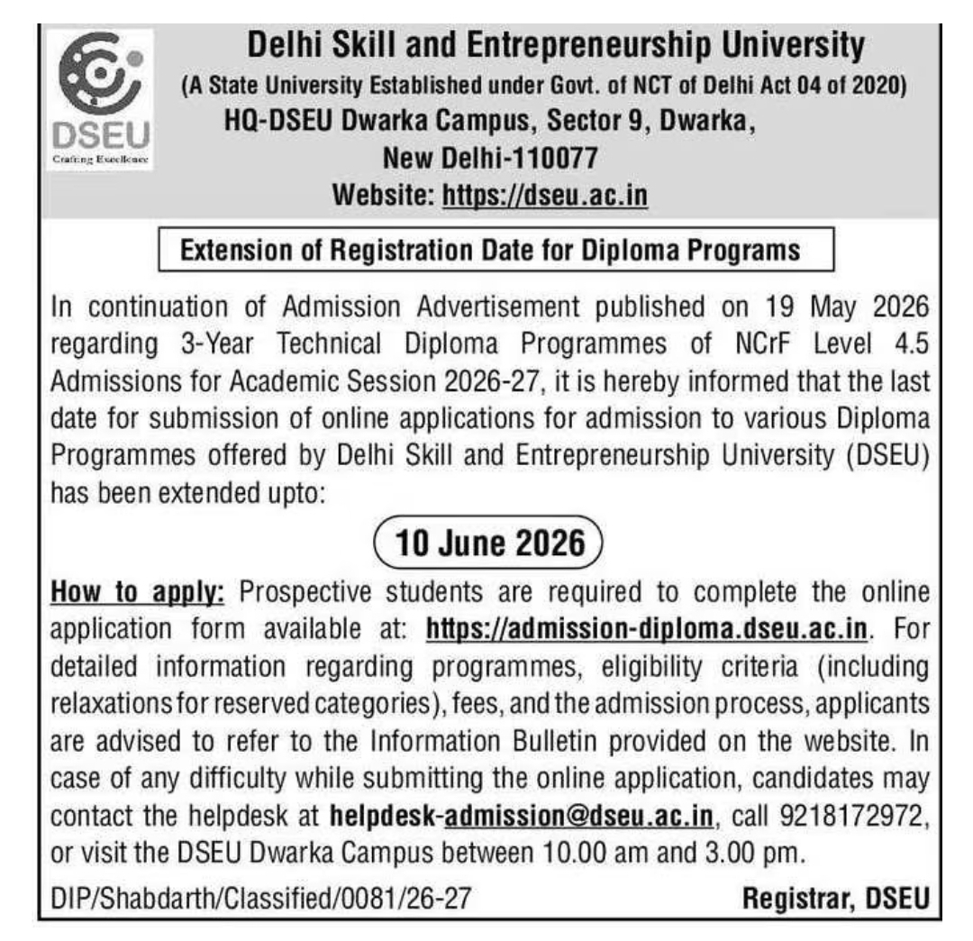 DSEU Diploma Admissions 2026
