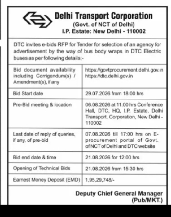 DTC Invites E-Bids for Advertisement on Electric Bus Body Wraps