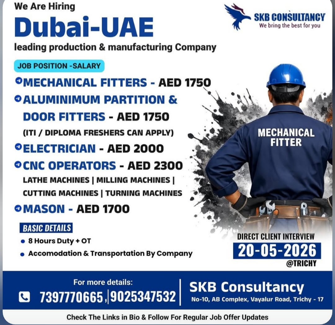 Dubai UAE Manufacturing Company Hiring | Direct Client Interview at Trichy