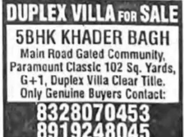 DUPLEX VILLA FOR SALE – 5BHK | KHADER BAGH MAIN ROAD