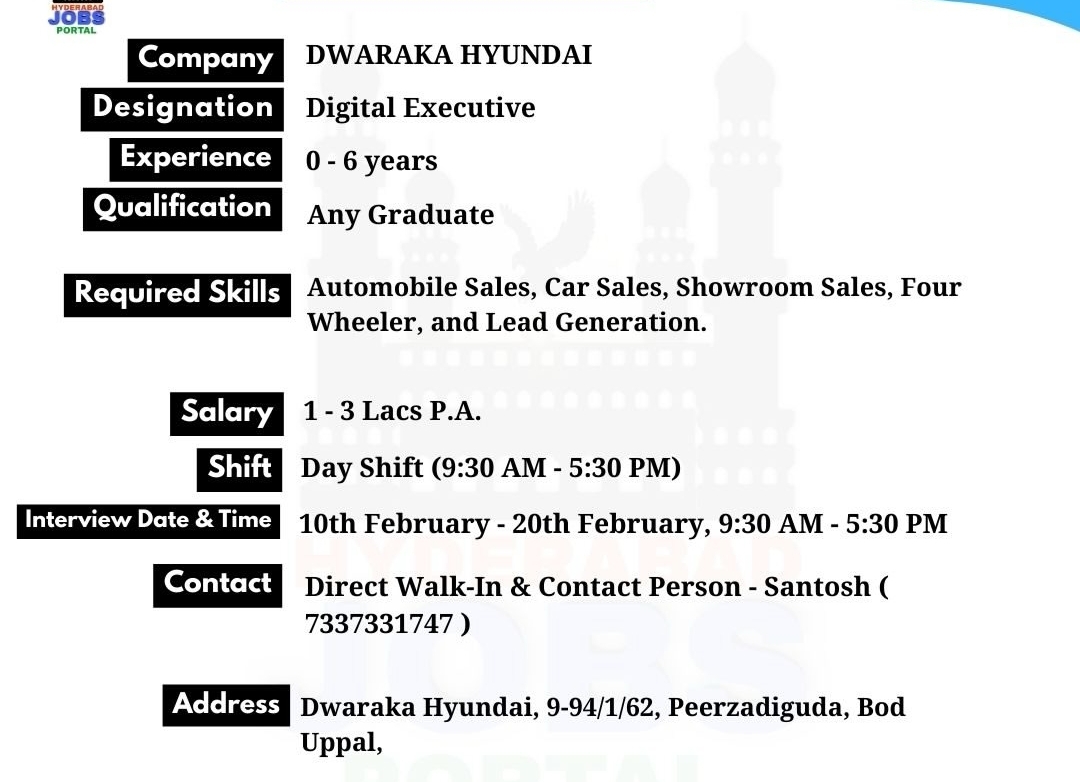 📢 Dwaraka Hyundai – Hiring Digital Executive | Hyderabad