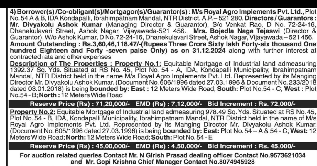 E-Auction Property Notice – Royal Agro Implements Pvt. Ltd.