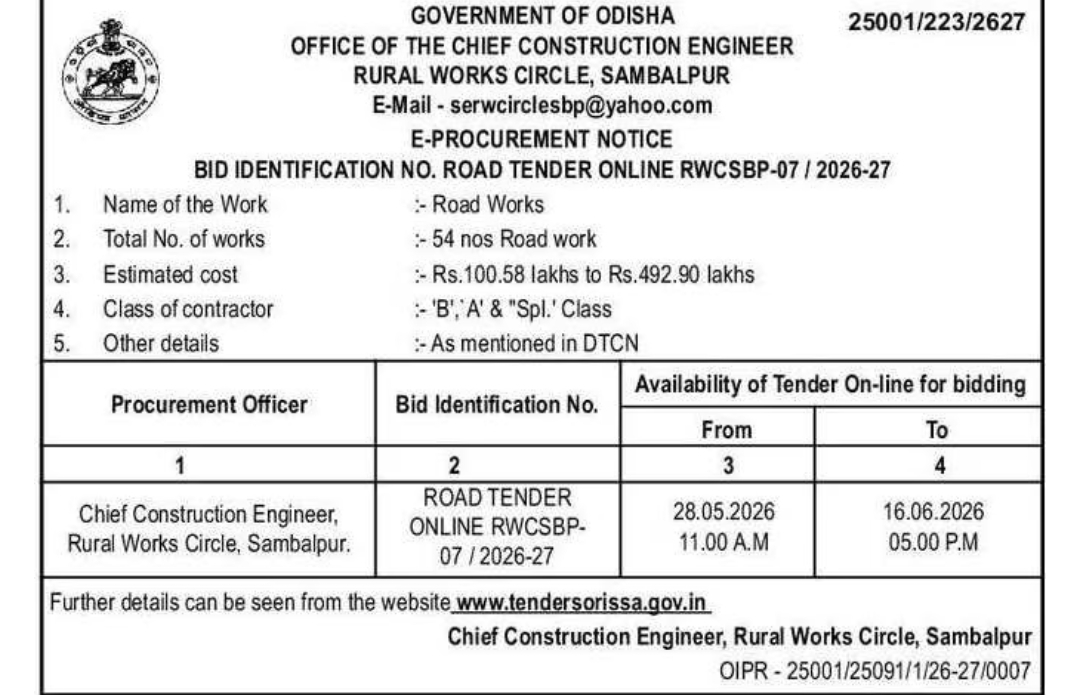 E-Procurement Notice for Road Works under Rural Works Circle, Sambalpur (RWCSBP-07 / 2026-27)