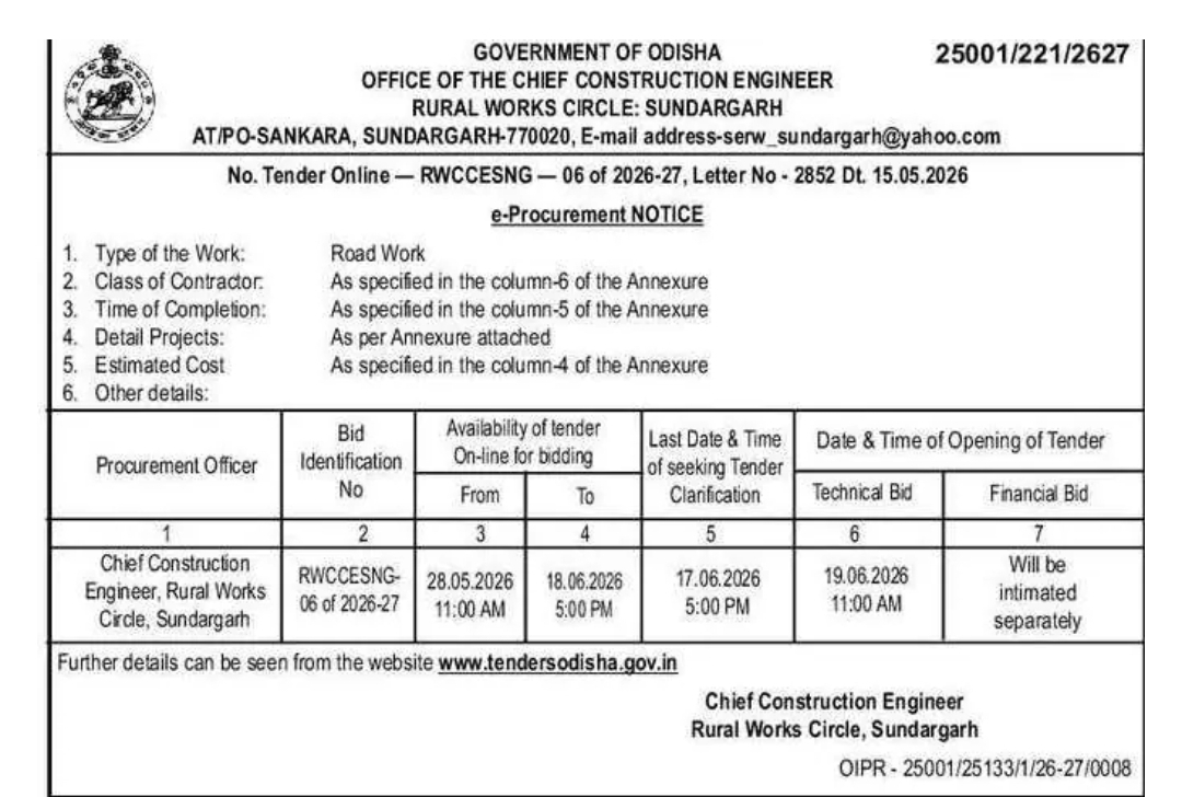e-Procurement Notice for Road Works under Rural Works Circle, Sundargarh (Tender RWCCESNG-06 of 2026-27)