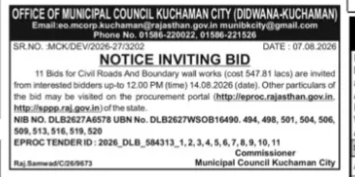 E-Tender for Civil Roads and Boundary Wall Works in Kuchaman City